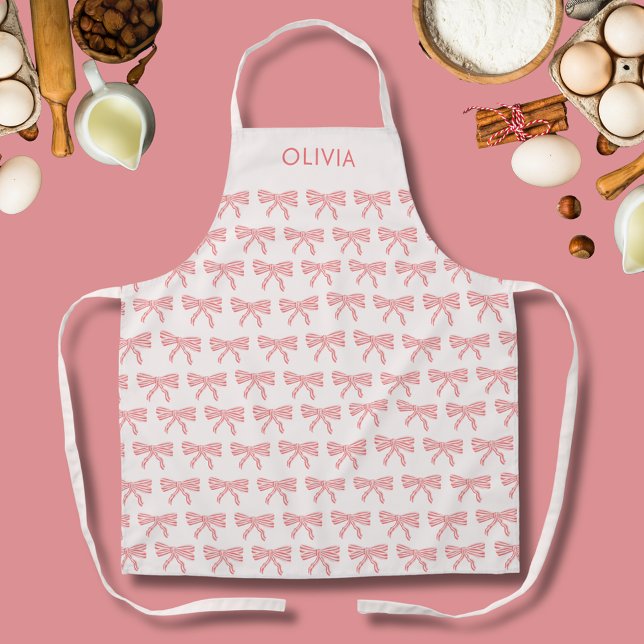 Delantal Coquette Aesthetic Rubor chicas de arco rosa (Pink Bow apron with first name or choice of text.  Coquette aesthetic girly bows.)