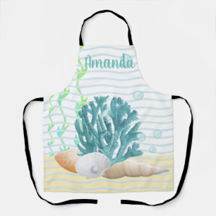 Delantal Coral azul, conchas marinas y perlas azules