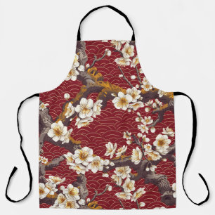 Delantal Coral Crema Burgundy Patrón Flor de Ciruelo Japone