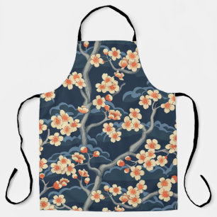 Delantal Coral Crema Sakura Azul Marino Patrón Floral