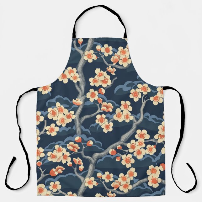 Delantal Coral Crema Sakura Azul Marino Patrón Floral (Anverso)