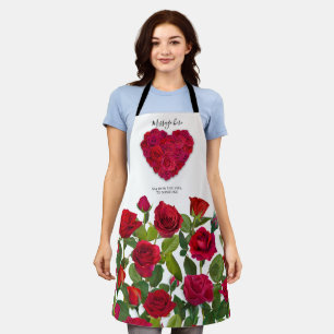 Delantal Corazón Floral Romántico de Rosa Roja con Texto Pe