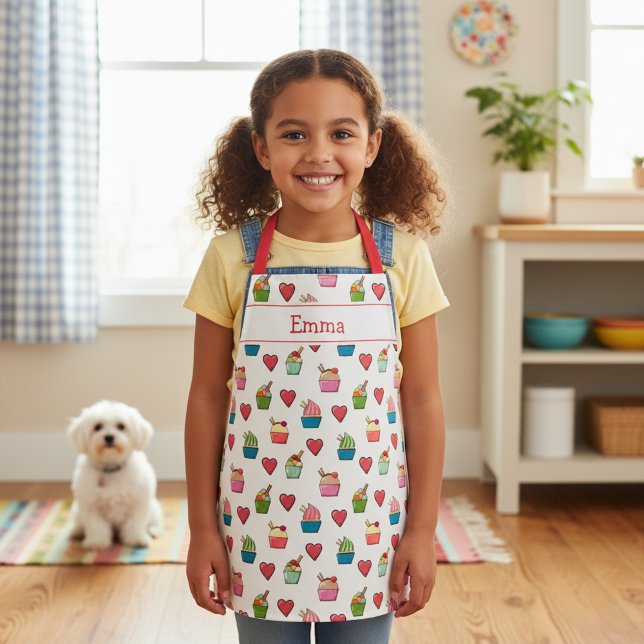 Delantal Corazones con nombre personalizado y paro helado p (Adorable ice cream love kids apron with custom name. 🍨)