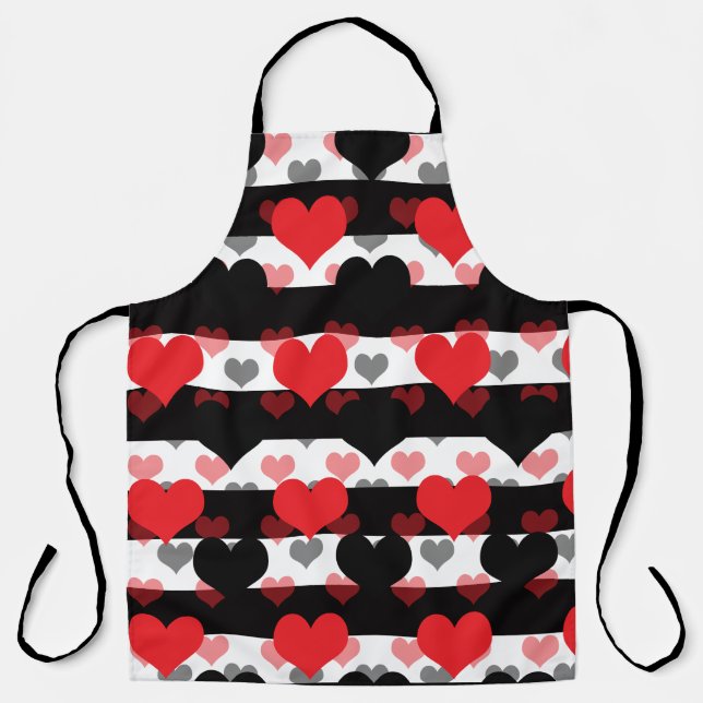 Delantal Corazones de amor negros rojos con franjas blancas (Anverso)