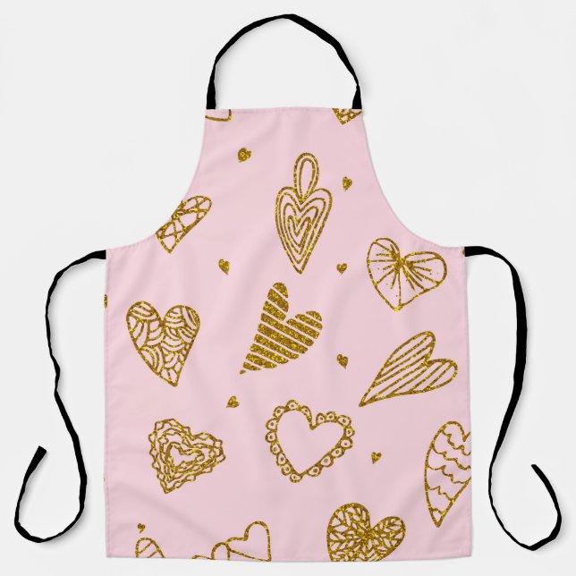 Delantal Corazones de purpurina dorado: patrón de fondo ros (Anverso)