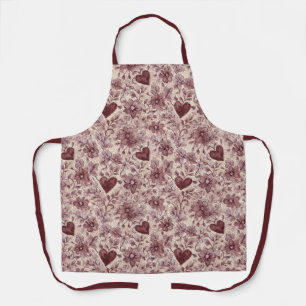 Delantal Corazones y Flores de Crema Rojo Burdeos