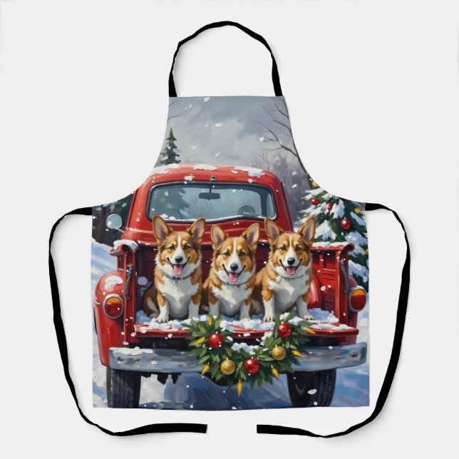 Delantal Corgi Christmas Red Truck Holiday (Anverso)