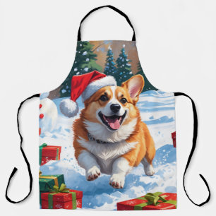 Delantal Corgi corriendo en la nieve con sombrero de Navida