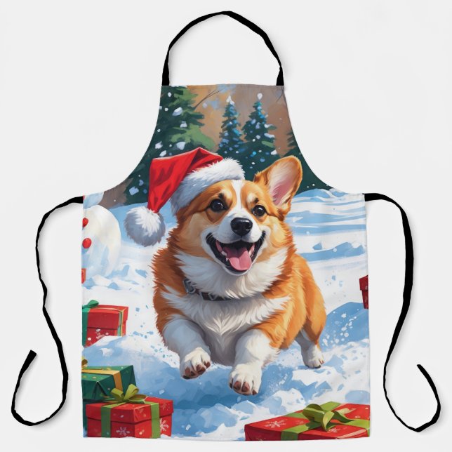 Delantal Corgi corriendo en Nieve con Gorra Navidad (Anverso)
