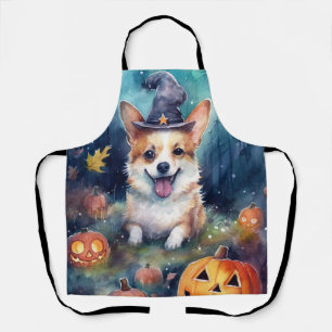 Delantal Corgi de Halloween con calabazas espeluznante