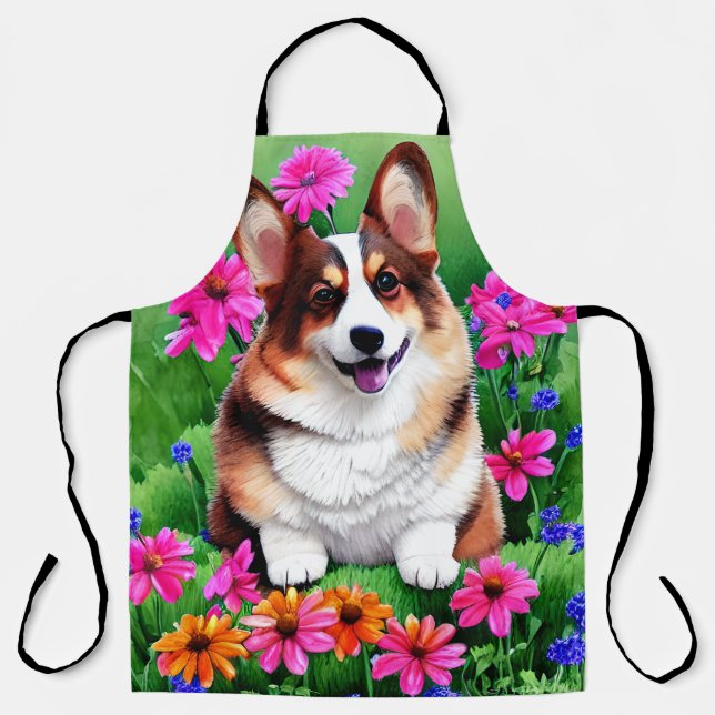 Delantal Corgi floral pintoresco (Anverso)