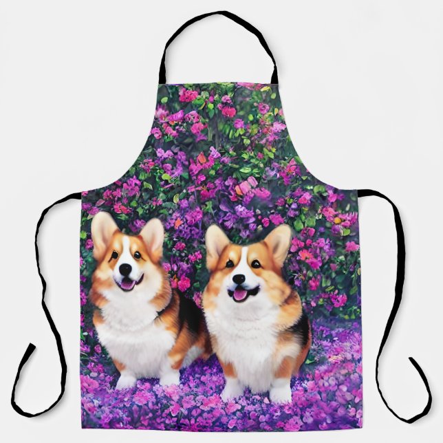 Delantal Corgis gemelos en el jardín (Anverso)