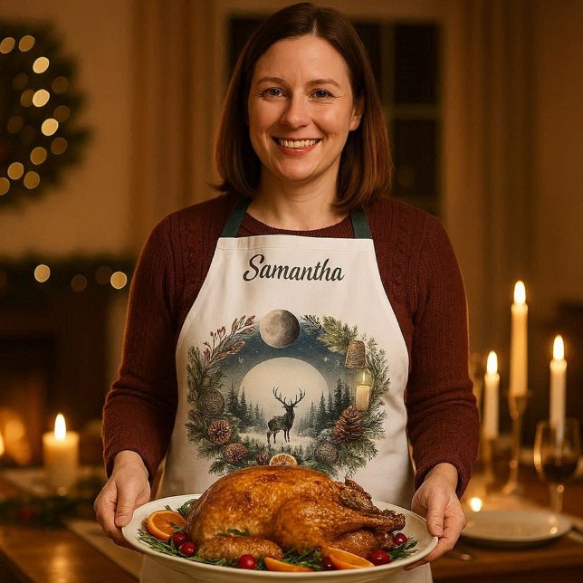 Delantal  Corona de bosque con luna de ciervo  (Winter solstice nature inspired holiday apron for  yule and more )