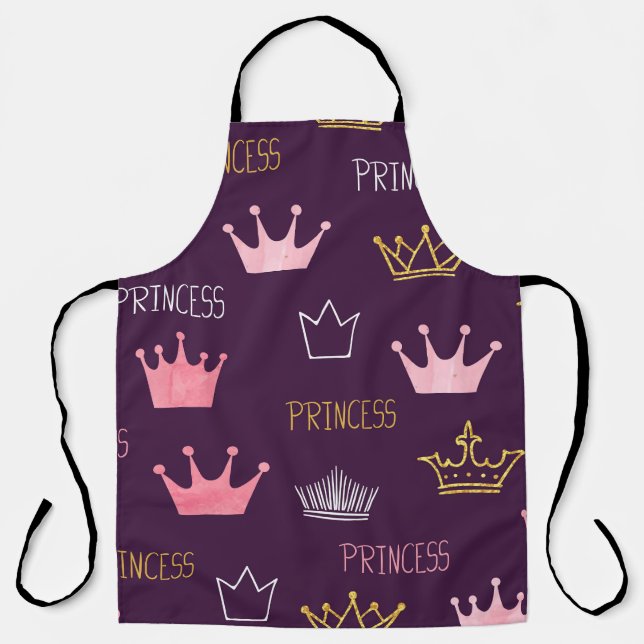 Delantal Coronas de princesa: patrón purpurina de acuarela. (Anverso)
