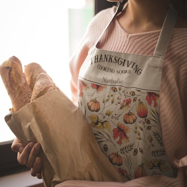 Delantal Cosecha de otoño de la brigada de cocina del sabio (Elegant Autumn Hand-Drawn Apron with Pumpkins, Oak Leaves, Fall Foliage, Acorns. Personalized Name.)