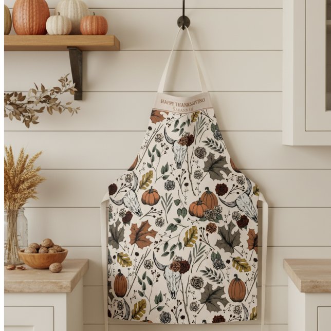 Delantal Cosecha de otoño y crema de Acción de Gracias de C (Give Thanks with this Cow Skull Fall Harvest Thanksgiving Dinner Party Autumn Colors Apron for Chef)