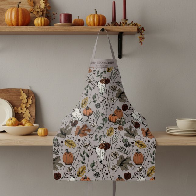 Delantal Cosecha de otoño y euforia del día de Acción de Gr (Give Thanks with this Cow Skull Fall Harvest Thanksgiving Dinner Party Autumn Colors Apron for Chef)
