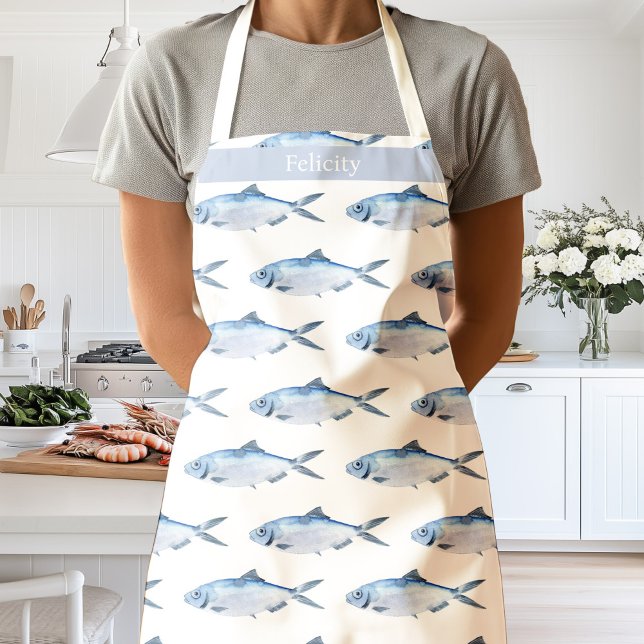 Delantal Costa de peces azul acuarela (Watercolor blue fish apron personalized custom name)