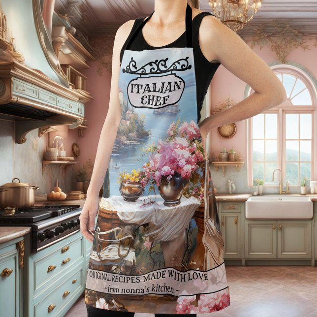 Delantal Costa Romántica Italiana Nonna (Romantic apron featuring a painting of the Italian coast with pink flowers and a vintage sign)