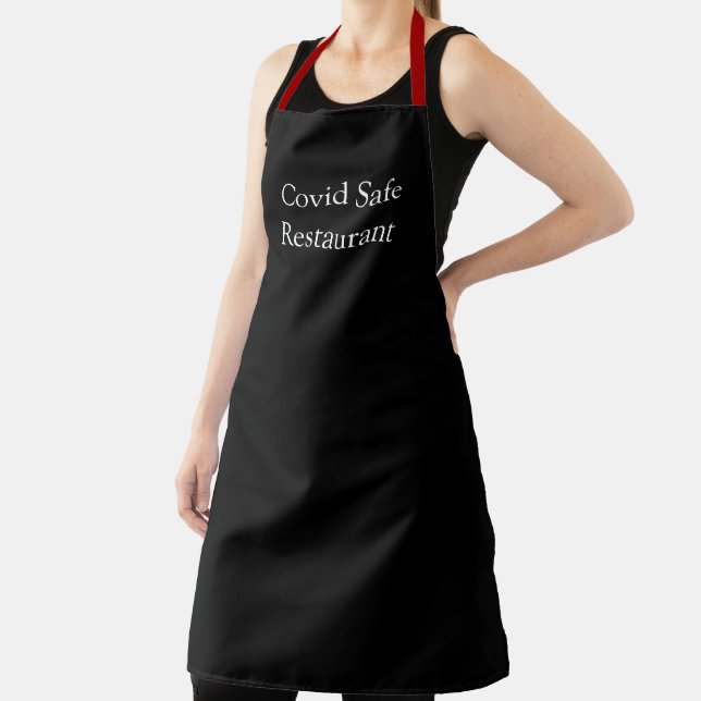 Delantal Covid Safe Message on Black Aprons (in situ)