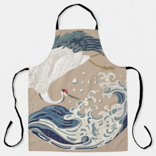 Delantal Crane and Japanese wave illustration. Traditional