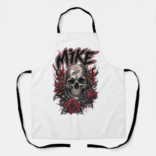 Delantal Cráneo gótico de Mike con rosas rojas y llamas