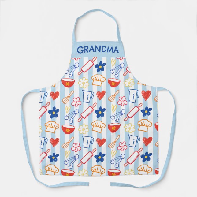 Delantal Crayon Kitchen Doodle Retro Cooking Pattern (Anverso)