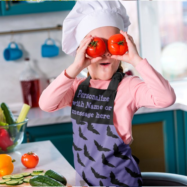 Delantal Crazy Candy Corn asuy Black Bat Halloween (The kiddos can whip up some fun Halloween treats wearing this personalized purple haze bat apron!)