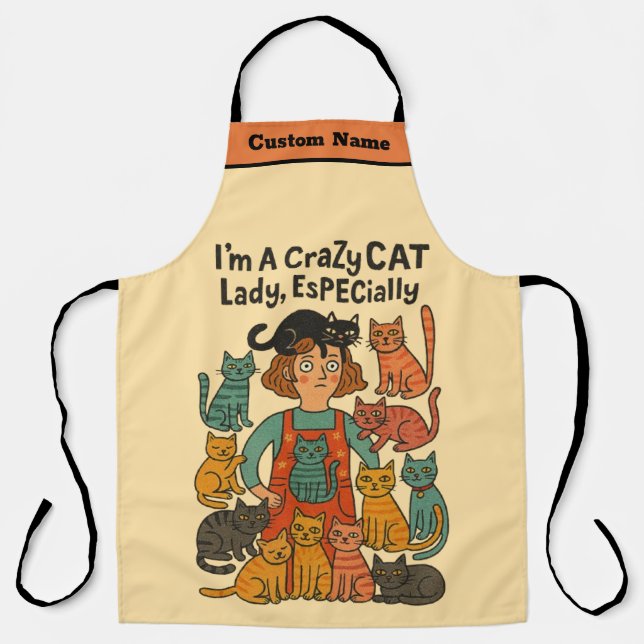 Delantal Crazy Cat Lady Apron - Whimsical Bold Custom Print (Anverso)