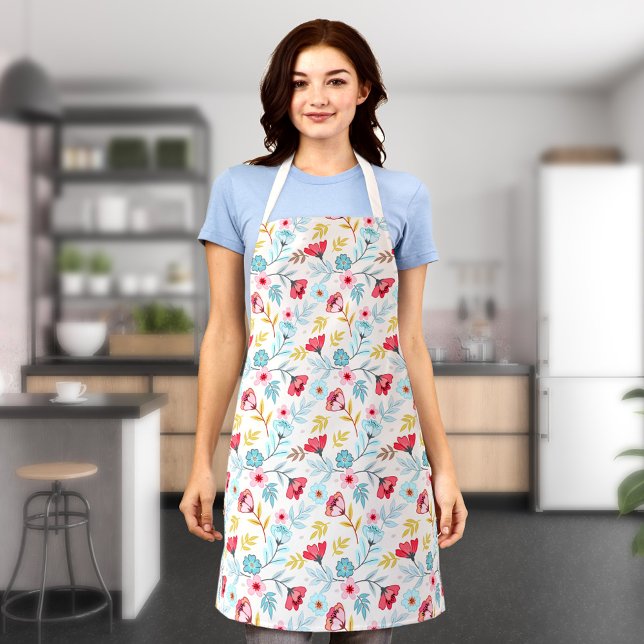 Delantal Crema floral Azul Crema rosa Colorida Granja (Floral Cream Blue Pink Cream Colorful Farmhouse Apron)