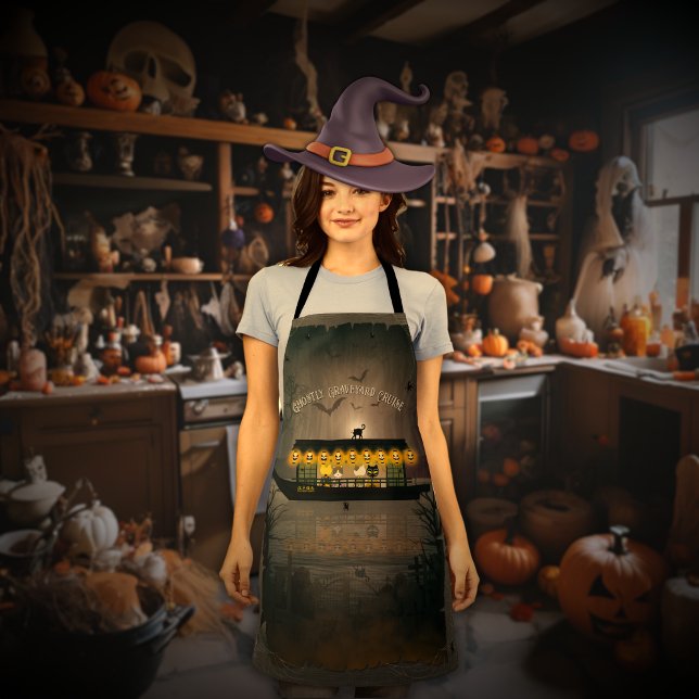Delantal Cruceros Ghostly Graveyard (A woman wears a Ghost Graveyard Cruise apron in her kitchen.)