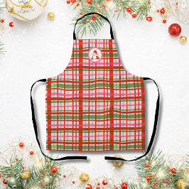 Delantal Cuadro Escocés De Navidad Rojo Y Verde Monograma
