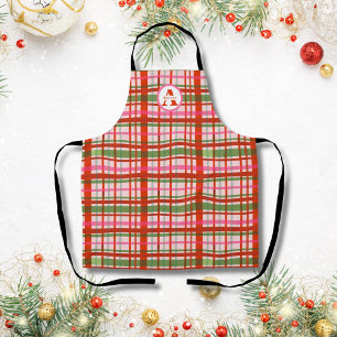 Delantal Cuadro Escocés De Navidad Rojo Y Verde Monograma