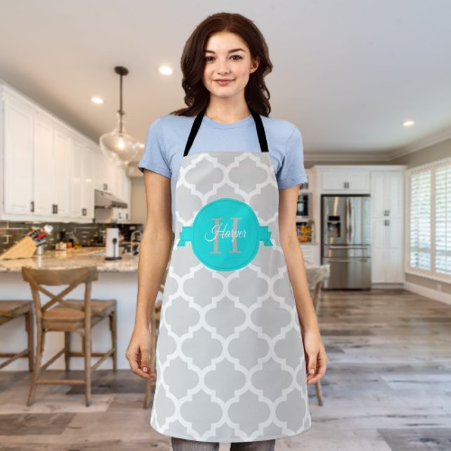 Delantal Cuatrefoil turquesa Apron personalizado (Turquoise Quatrefoil Personalized Apron)
