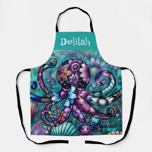 Delantal Cuenca azul púrpura del pulpo floral Verde azulado