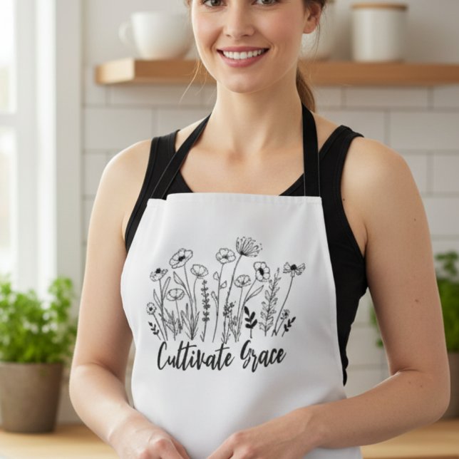 Delantal Cultivate Grace Apron - Floral Kitchen Wear (Inspirational wildflower apron)