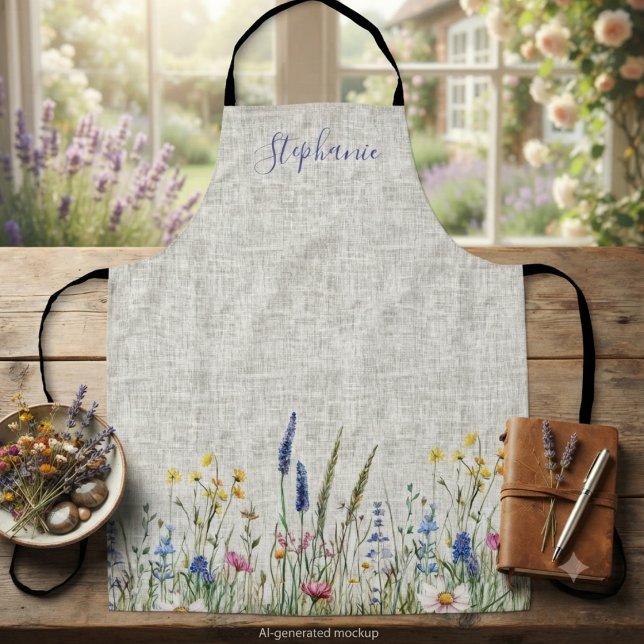 Delantal Cumpleaños de Mamá Floral Botánico de Flores Silve (Colorful wildflower botanical apron for women—charming Mother's Day gift idea for moms who bake.)