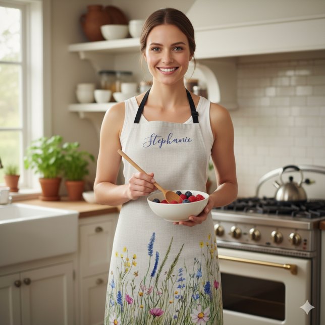 Delantal Cumpleaños de Mamá Floral Botánico de Flores Silve (Colorful wildflower botanical apron for women—charming Mother's Day gift idea for moms who bake.)