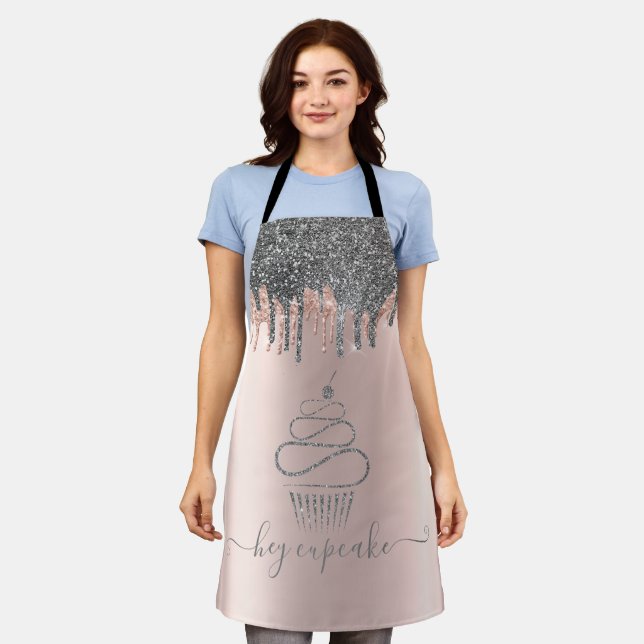 Delantal Cupcake Chic Silver Glitter Drips Rosa Dorado (Gastado)