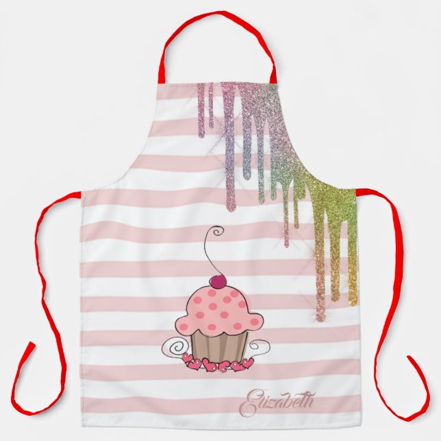 Delantal Cupcake, gotas de brillo de arcoíris, rayas  (Anverso)