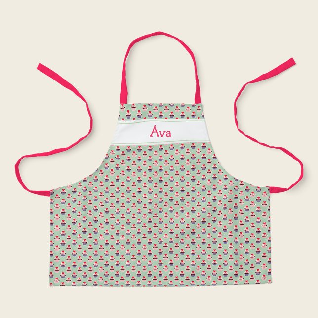 Delantal Cupcakes con estampado de Corazones Personalizados (Personalized cupcake kids apron with custom name.)