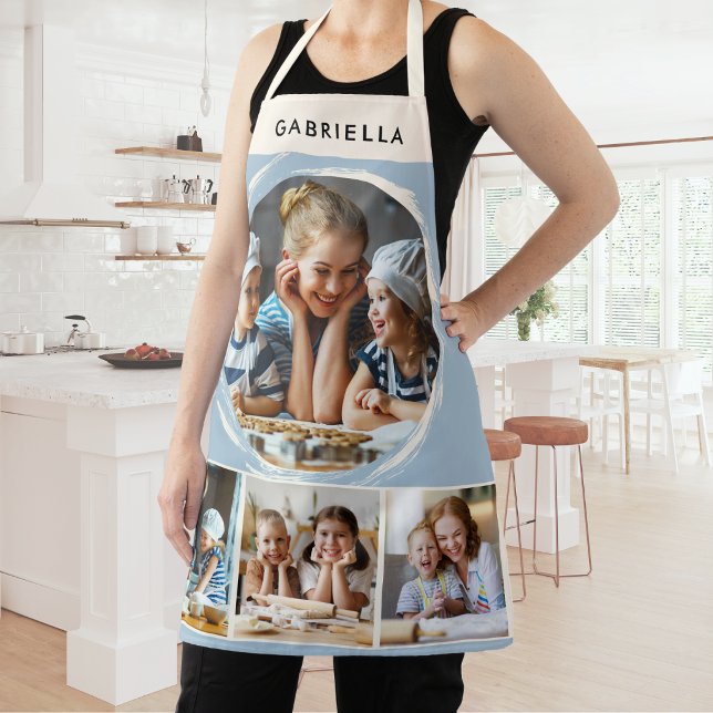 Delantal Custom Name 4 Photo Collage Elegant Blue Kitchen (A stylish kitchen apron in light blue and cream, with four custom photos and personalized name)