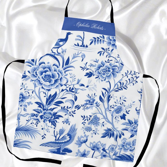 Delantal Custom Name Blue Chinoiserie Floral Kitchen Apron (Subido por el creador)