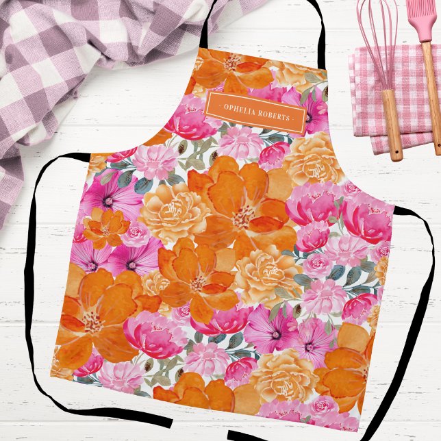 Delantal Custom Name Bright Orange Pink Floral Kitchen (Subido por el creador)