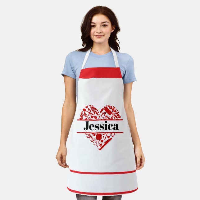 Delantal Custom Name Cooking Apron with Red Heart Design (Gastado)