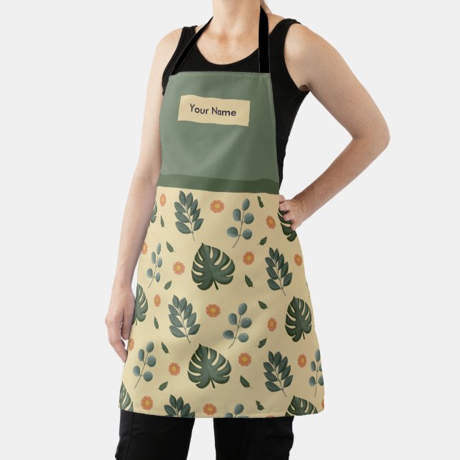 Delantal Custom Name Cream and Sage Green Botanical Apron (in situ)