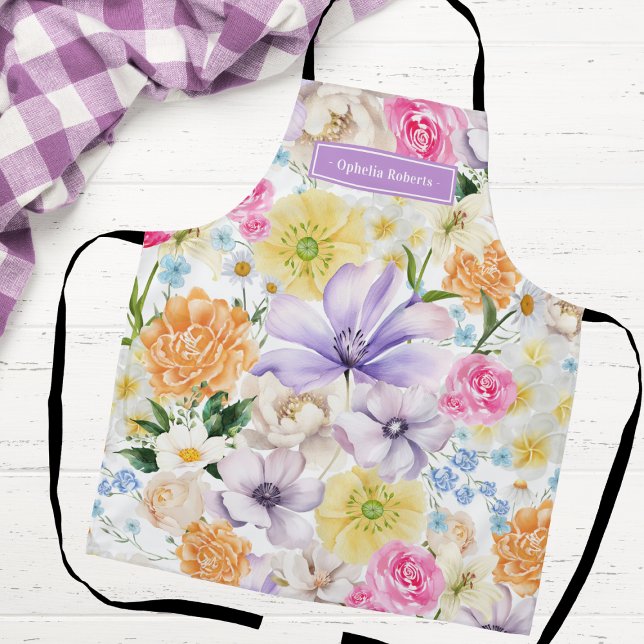 Delantal Custom Name Pastel Floral Kitchen Cooking Gift (Subido por el creador)