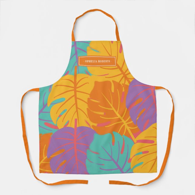 Delantal Custom Name Retro Tropical Leaf Pattern Summer (Anverso)