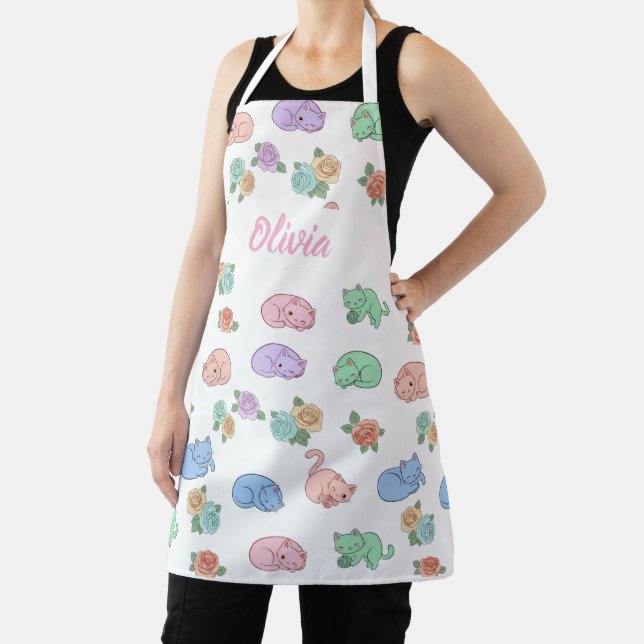 Delantal Customizable Pastel Cat and Rose Pattern Apron (in situ)