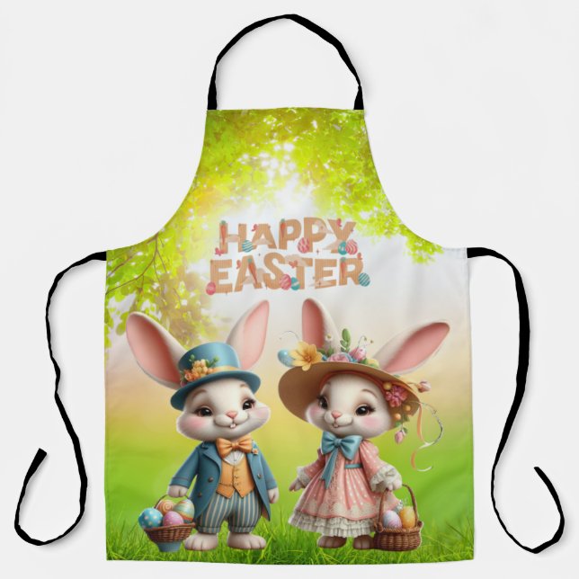 Delantal Cuta, caprichosa Pascua feliz con 2 conejos (Anverso)